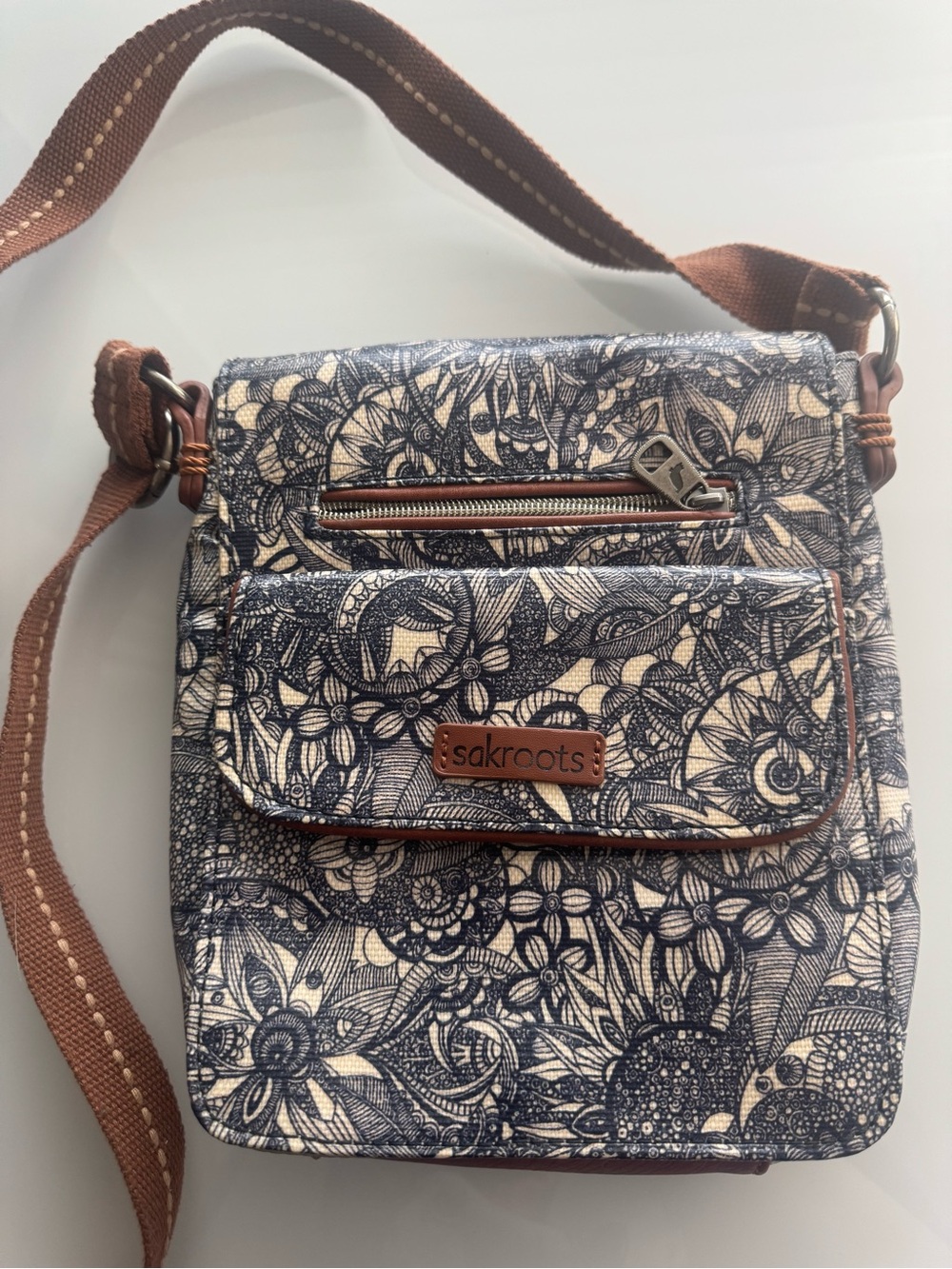 Sakroots Navy & Brown Floral Crossbody Bag Artsy CottageCore Art To Wear